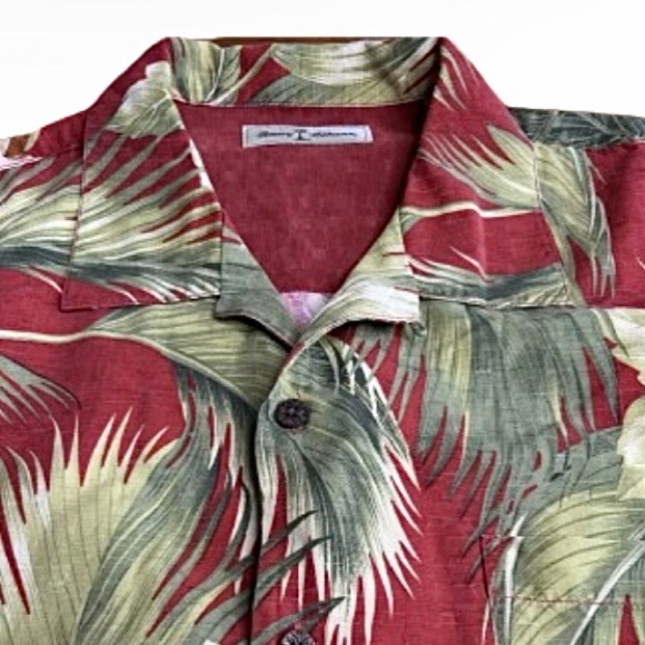 TOMMY BAHAMA Lg Silk Button Up Shirt Red w/ Palm Leaves& Hibiscus Short Sleeves - Picture 3 of 7